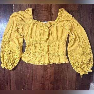 Boho Mustard Blouse with Lace Balloon Sleeves Pink Lily NWOT Medium